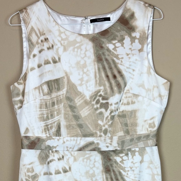 Tahari Satin Abstract Ivory/Brown Animal Print Sheath Sleeveless Lined Dress - Picture 2 of 13